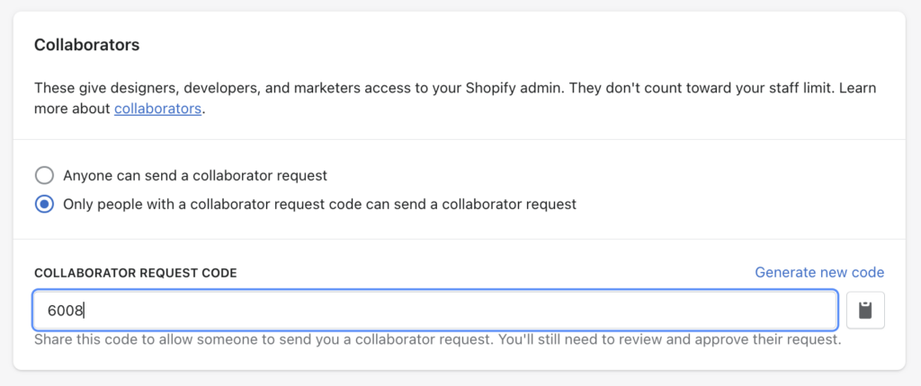 Set up a Shopify request access code for collaborators